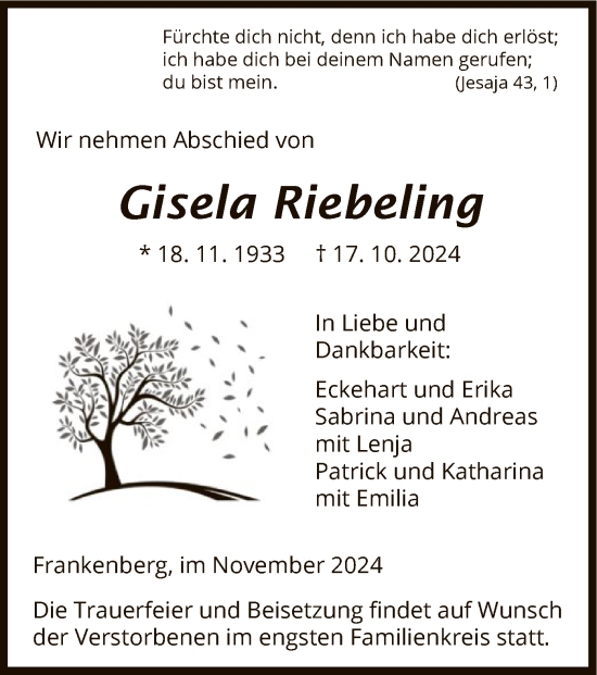 Todesanzeige von Gisela Riebeling von HNA