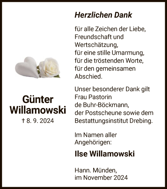 Todesanzeige von Günter Willamowski von HNA