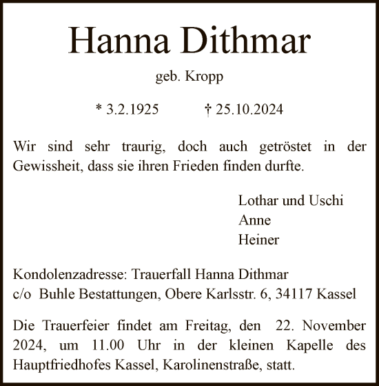 Todesanzeige von Hanna Dithmar von HNA