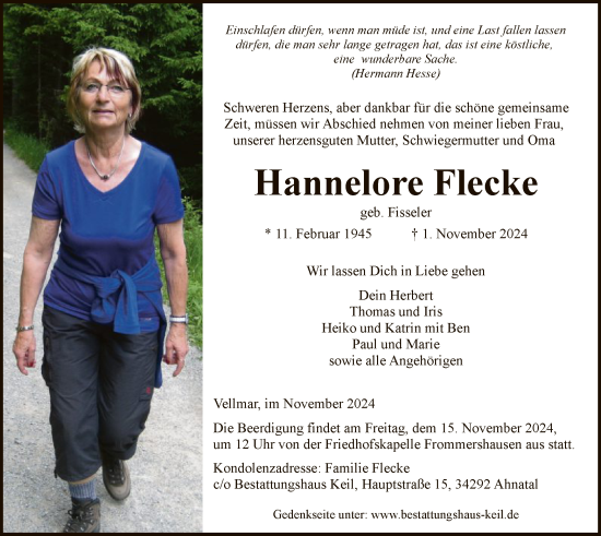 Todesanzeige von Hannelore Flecke von HNA