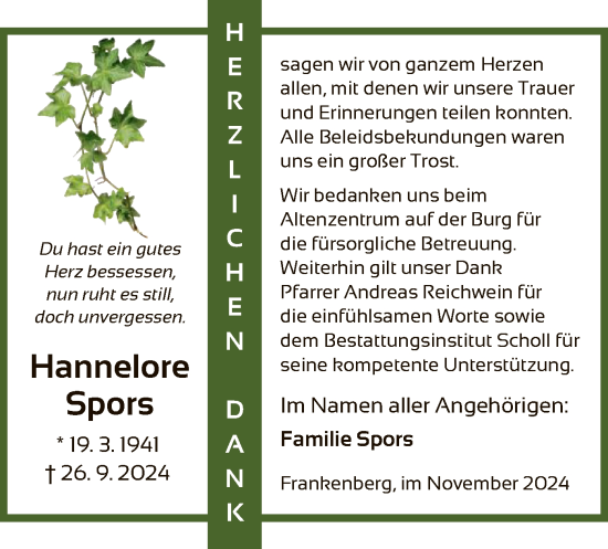 Todesanzeige von Hannelore Spors von HNA