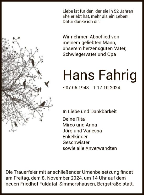 Todesanzeige von Hans Fahrig von HNA