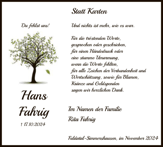 Todesanzeige von Hans Fahrig von HNA