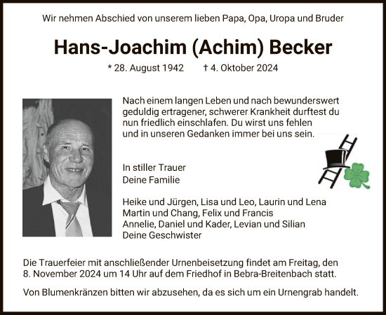 Todesanzeige von Hans-Joachim Becker von HNAHNA