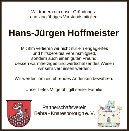 Todesanzeige von Hans-Jürgen Hoffmeister von HNA