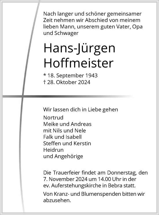 Todesanzeige von Hans-Jürgen Hoffmeister von HNA