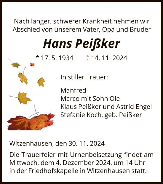 Todesanzeige von Hans Peißker von HNA