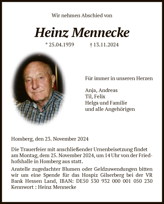 Todesanzeige von Heinz Mennecke von HNA