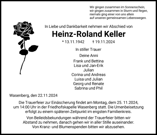 Todesanzeige von Heinz-Roland Keller von HNA