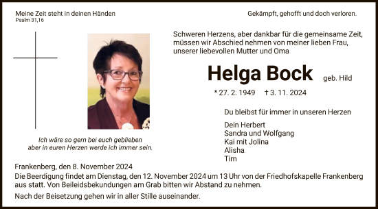 Todesanzeige von Helga Bock von HNA