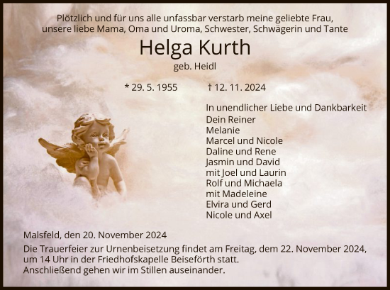 Todesanzeige von Helga Kurth von HNA