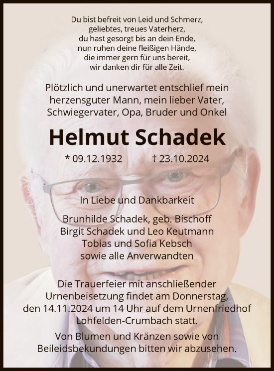 Todesanzeige von Helmut Schadek von HNA