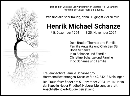 Todesanzeige von Henrik Michael Schanze von HNA