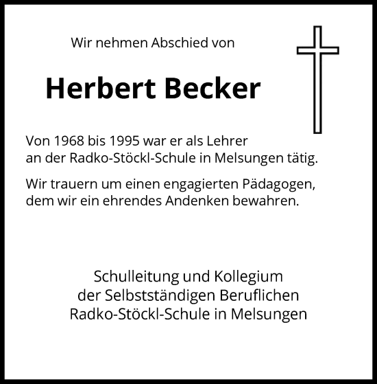 Todesanzeige von Herbert Becker von HNA