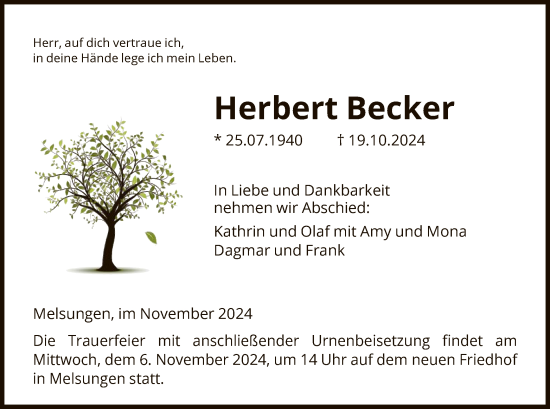 Todesanzeige von Herbert Becker von HNA