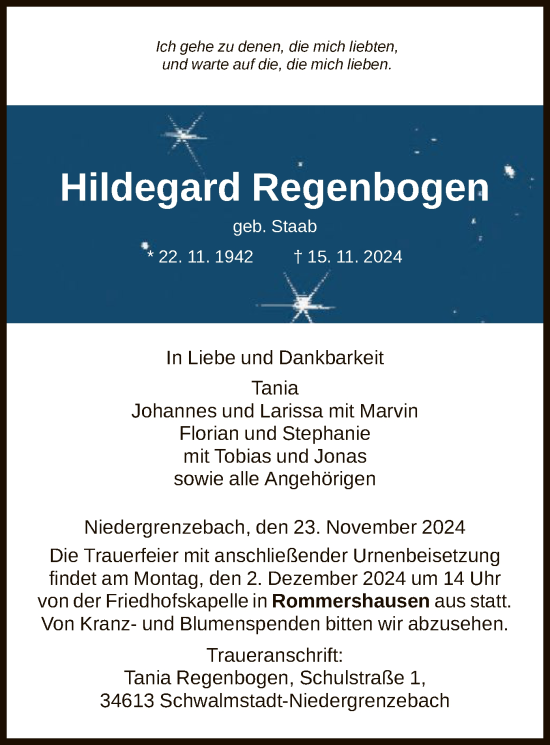 Todesanzeige von Hildegard Regenbogen von HNA