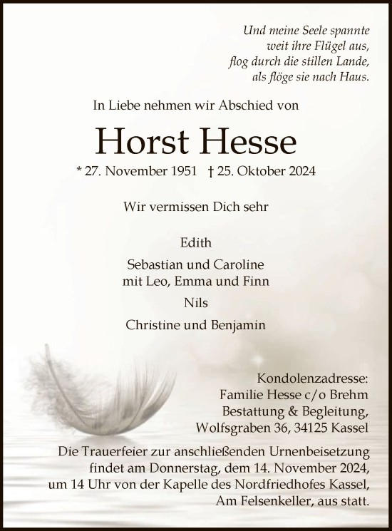 Todesanzeige von Horst Hesse von HNA