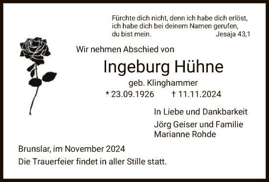 Todesanzeige von Ingeburg Hühne von HNA