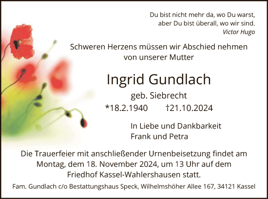 Todesanzeige von Ingrid Gundlach von HNA