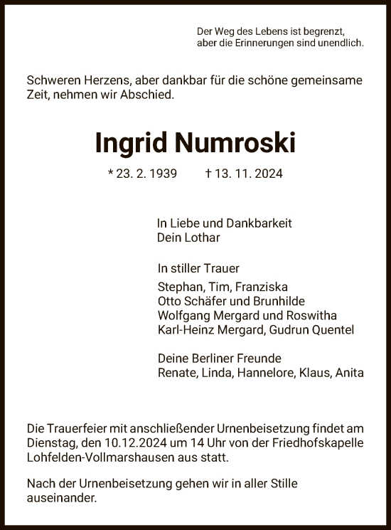 Todesanzeige von Ingrid Numroski von HNA