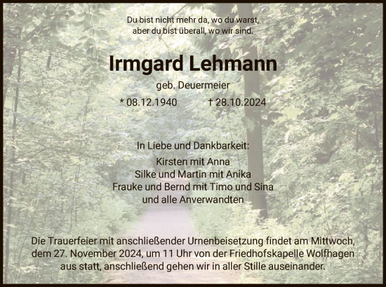 Todesanzeige von Irmgard Lehmann von HNA