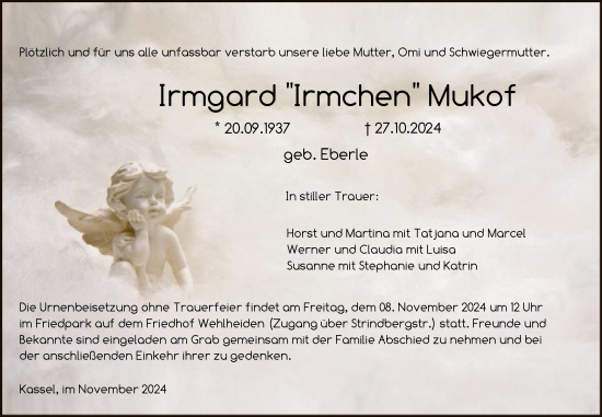 Todesanzeige von Irmgard Mukof von HNA