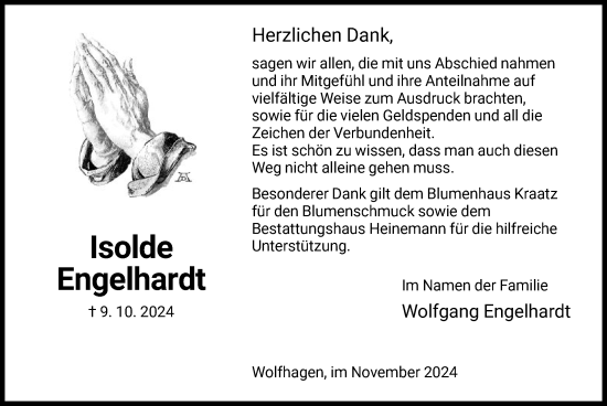 Todesanzeige von Isolde Engelhardt von HNA