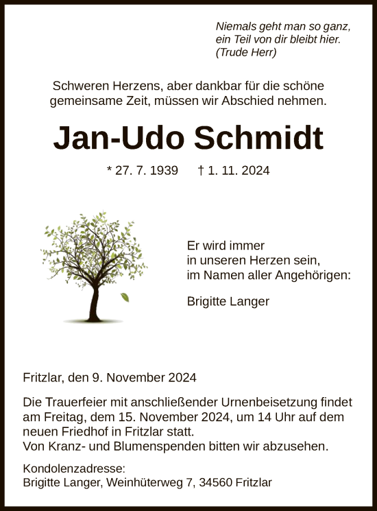 Todesanzeige von Jan-Udo Schmidt von HNA