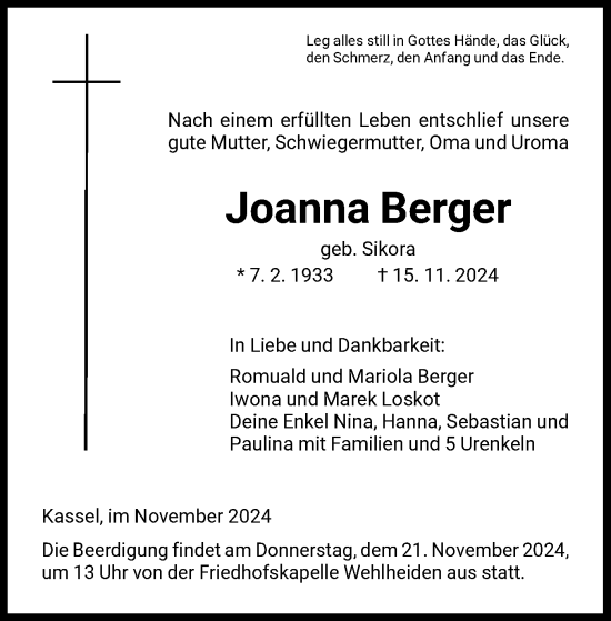 Todesanzeige von Joanna Berger von HNA