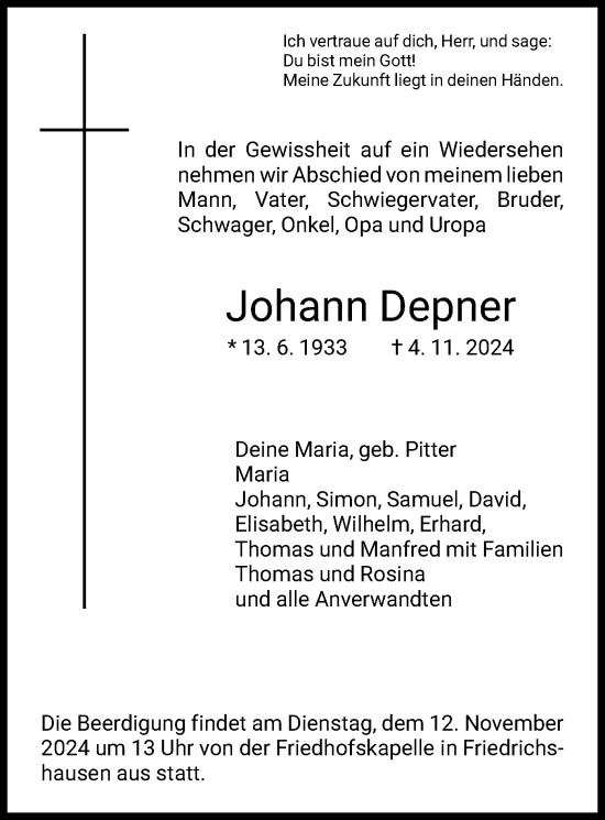 Todesanzeige von Johann Depner von HNA