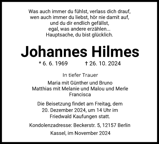 Todesanzeige von Johannes Hilmes von HNA