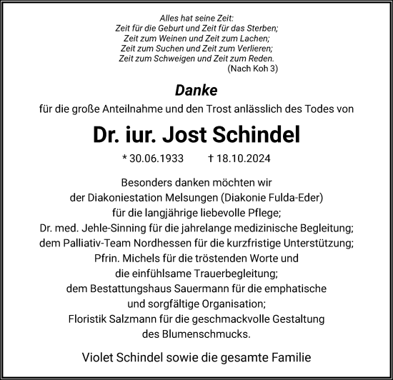 Todesanzeige von Jost Schindel von HNA