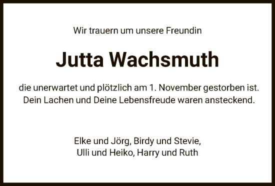 Todesanzeige von Jutta Wachsmuth von HNA