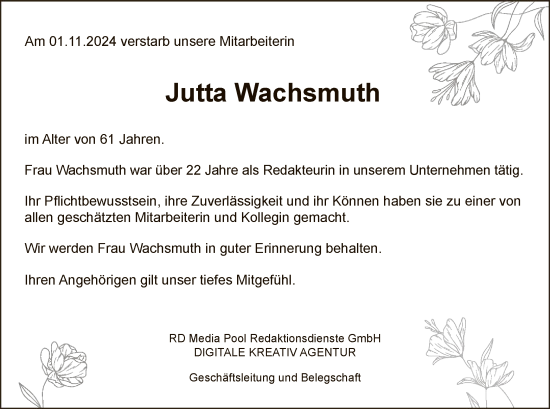 Todesanzeige von Jutta Wachsmuth von HNA