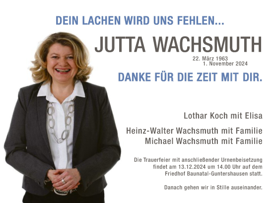 Todesanzeige von Jutta Wachsmuth von HNA