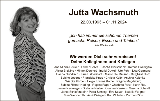 Todesanzeige von Jutta Wachsmuth von HNA