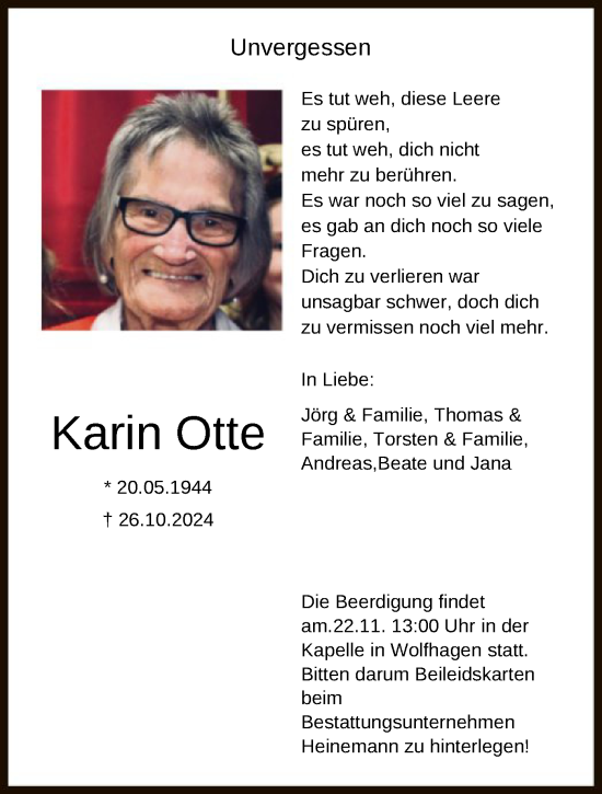 Todesanzeige von Karin Otte von HNA