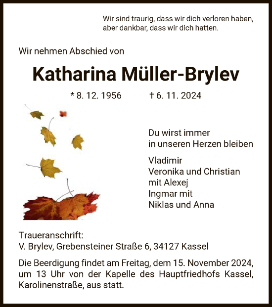 Todesanzeige von Katharina Müller-Brylev von HNA