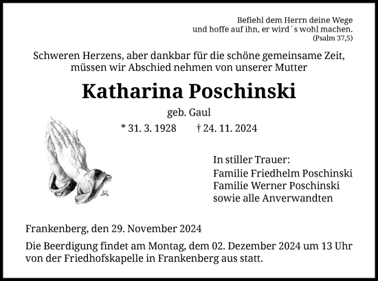 Todesanzeige von Katharina Poschinski von HNA