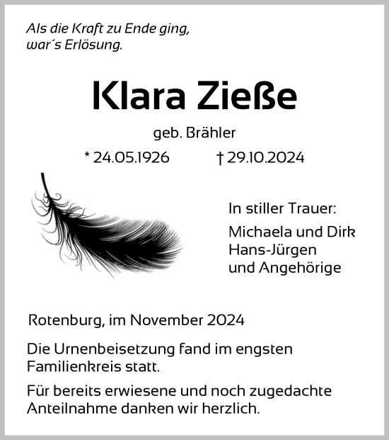 Todesanzeige von Klara Zieße von HNA