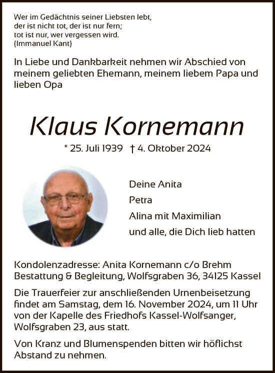 Todesanzeige von Klaus Kornemann von HNA