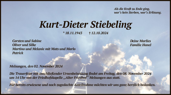 Todesanzeige von Kurt-Dieter Stiebeling von HNA