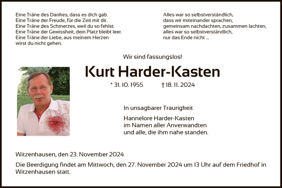 Todesanzeige von Kurt Harder-Kasten von HNA