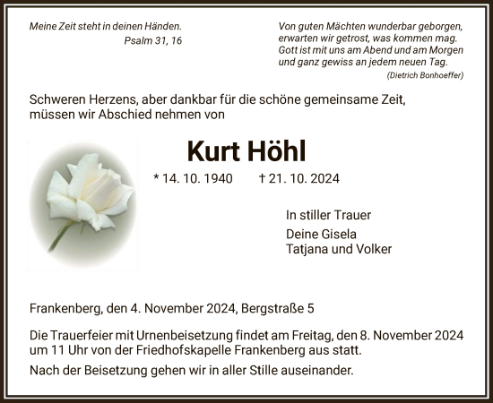 Todesanzeige von Kurt Höhl von HNA