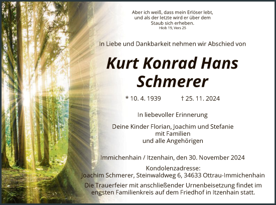 Todesanzeige von Kurt Konrad Hans Schmerer von HNA