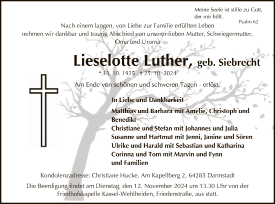 Todesanzeige von Lieselotte Luther von HNA