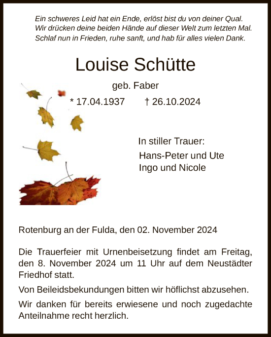 Todesanzeige von Louise Schütte von HNA