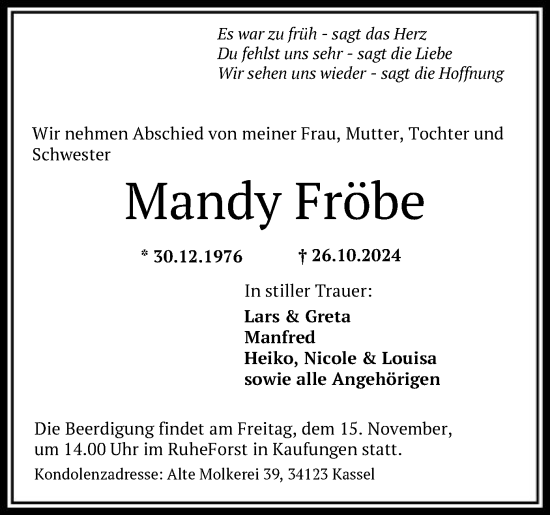 Todesanzeige von Mandy Fröbe von HNA