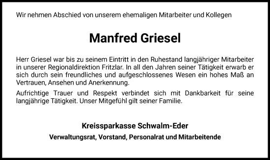 Todesanzeige von Manfred Griesel von HNA