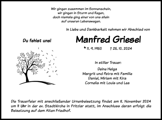 Todesanzeige von Manfred Griesel von HNA